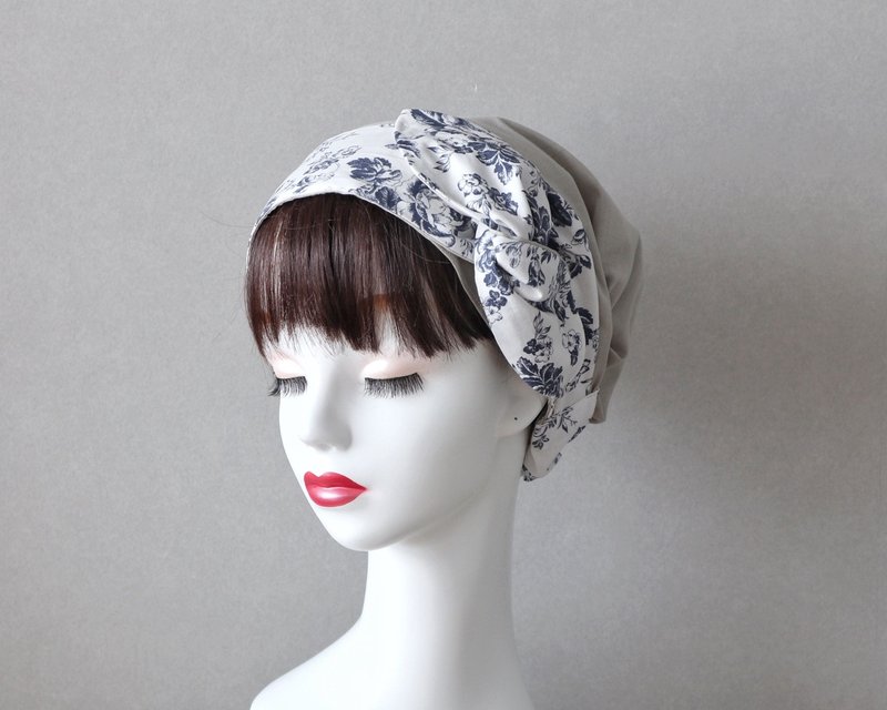 Flower lover(dark navy) sash ribbon and beige hair turban Medical cap/Care cap Care cap - Hair Accessories - Cotton & Hemp Blue