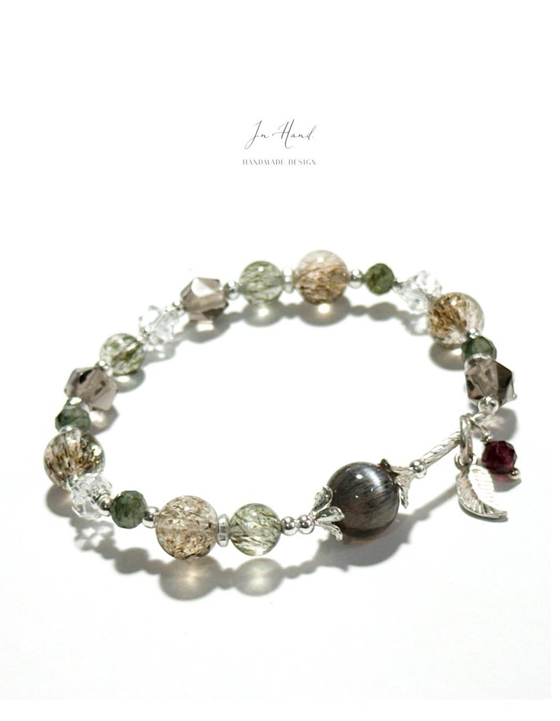 寂靜之森-黑金超七.綠碧璽髮晶.冰曜岩-純銀設計手鍊 - 手鍊/手環 - 水晶 咖啡色