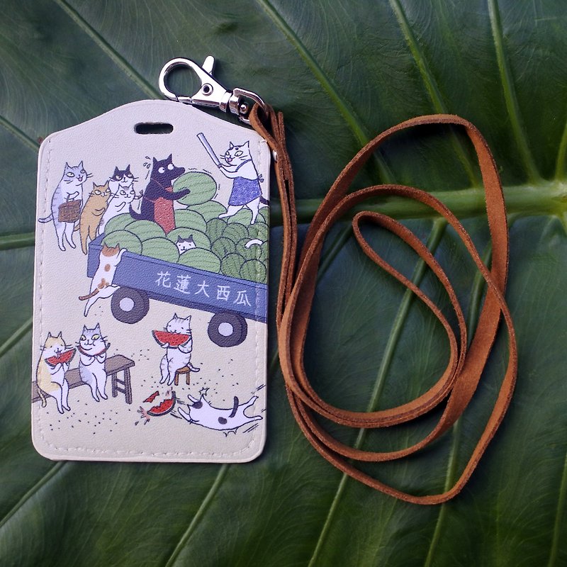 Three cat shop ~ cat eat watermelon ticket card holder (illustrator: Miss cat) - ID & Badge Holders - Faux Leather Multicolor