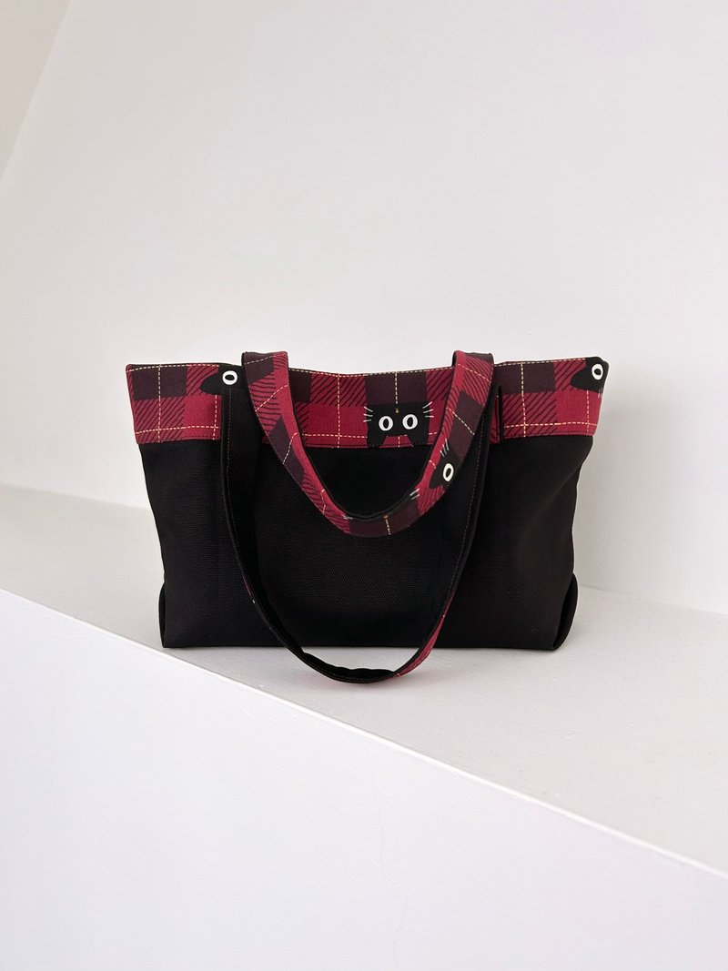 【躲貓貓】小黑貓格紋日常提袋 三色可選 - 手提包/手提袋 - 棉．麻 