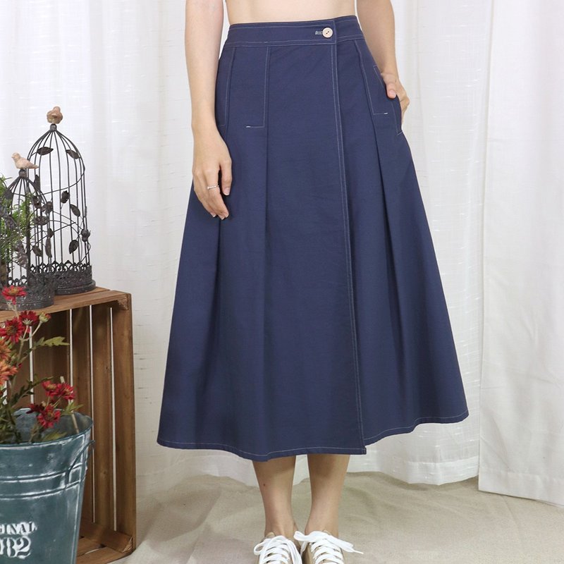 Hana Mokuba Simple Back Elastic Wrap Pleated A-Line Skirt - Skirts - Cotton & Hemp 