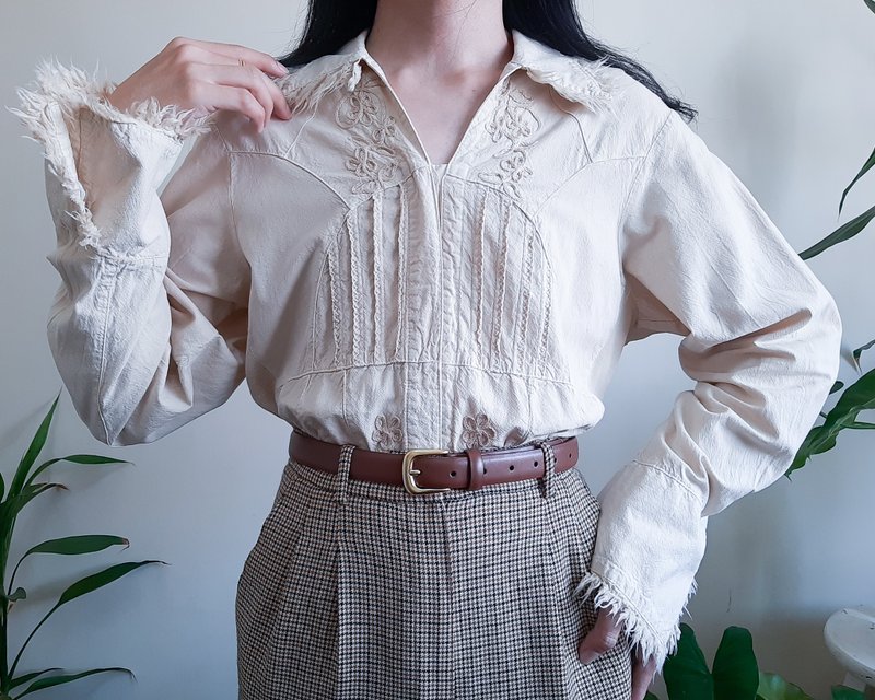 大號 - 復古秘魯刺繡襯衫 100% 純棉米色襯衫羈扣上衣 - 女襯衫 - 棉．麻 卡其色