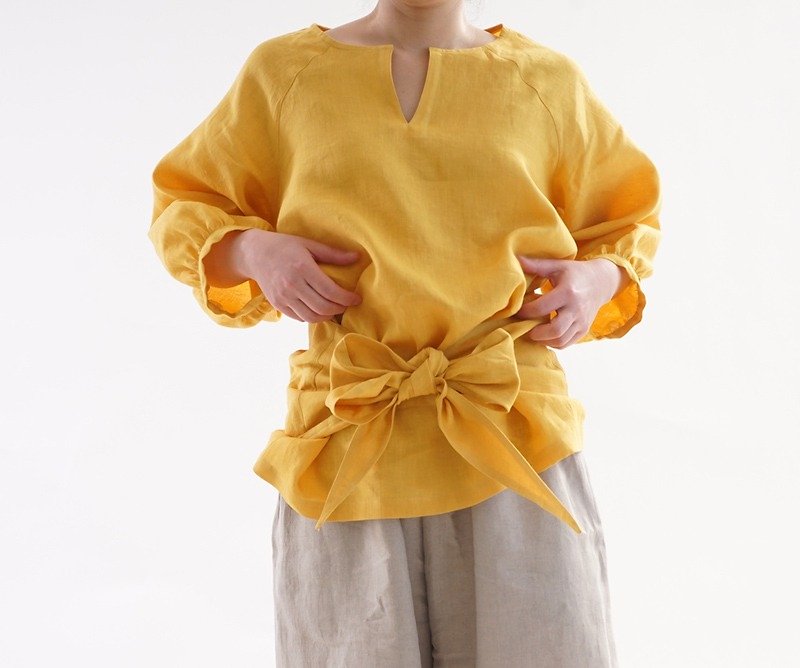 Raglan Tops / cambogia color of the Ya flax linen waist ribbon (Eastern Europe) t13-5 - เสื้อผู้หญิง - ผ้าฝ้าย/ผ้าลินิน สีเหลือง