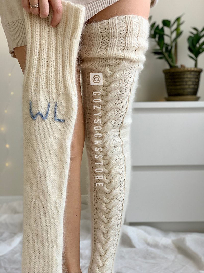 Personalized wool warm stockings Stocking name tag Custom leggings Sheer socks - ถุงน่อง - ขนแกะ ขาว