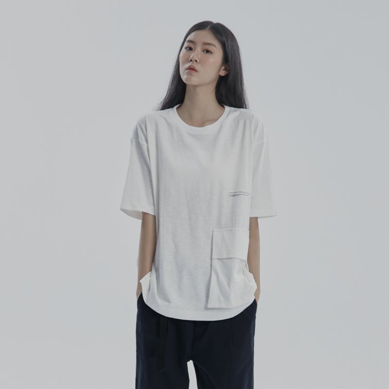 DYCTEAM-Slub Cotton Drop Shoulder Three-dimensional Pocket Tee (WH) - Unisex Hoodies & T-Shirts - Cotton & Hemp White