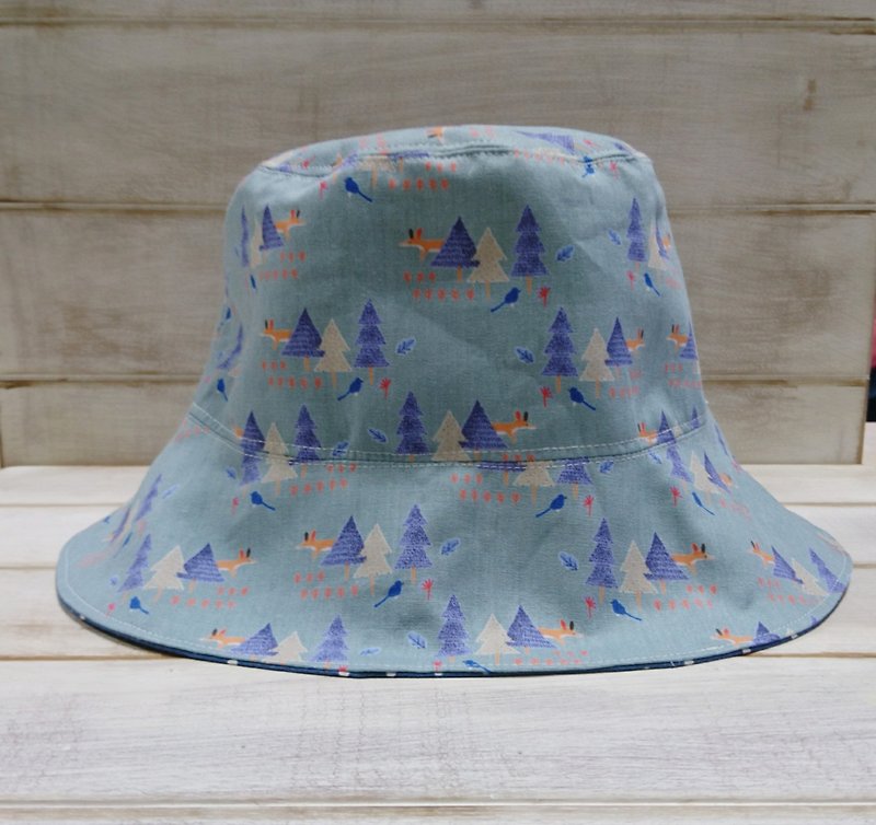 森林狐狸小鳥 藍色點點雙面漁夫帽 遮陽帽 - 帽子 - 棉．麻 藍色