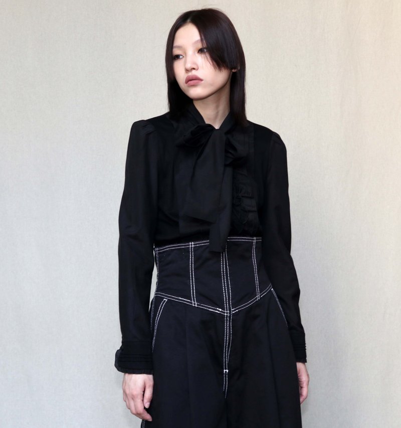 南瓜Vintage。TO BE CHIC 真絲 混紡 綁帶 長袖 黑色 襯衫 - 女襯衫 - 絲．絹 黑色