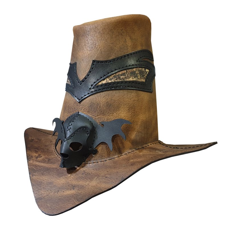 Witch Hunter Skull Leather Hat - 帽子 - 真皮 咖啡色