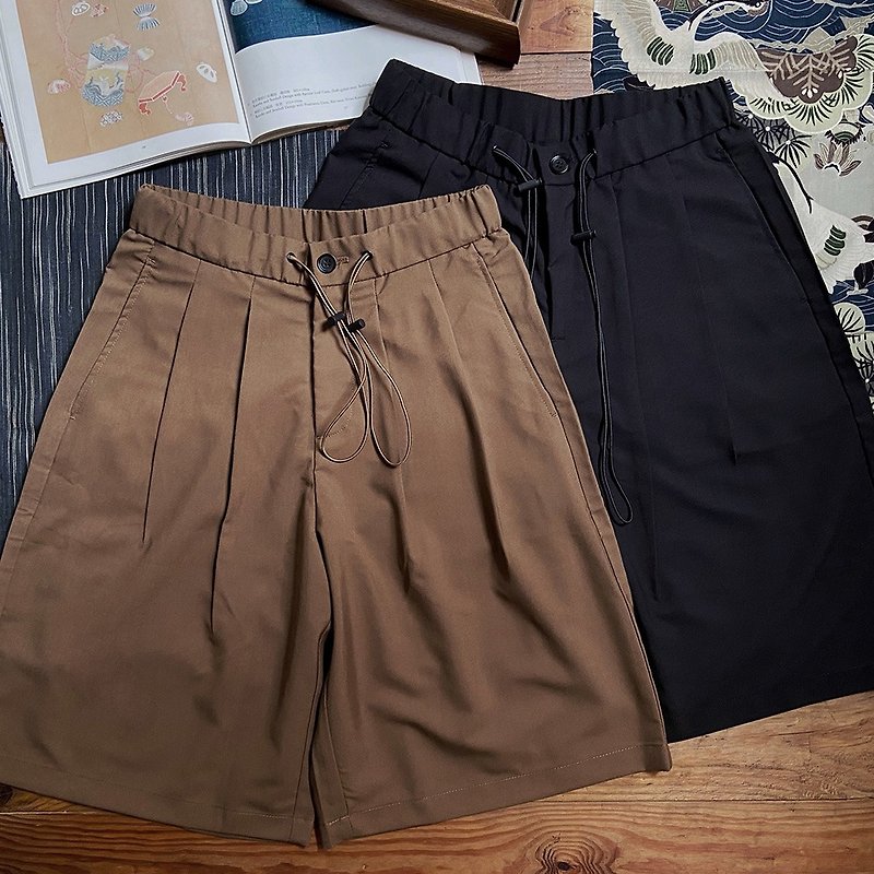 Major Folk│Kara Brown/Black elastic waist drawstring loose men's shorts - กางเกงขาสั้น - วัสดุอื่นๆ 