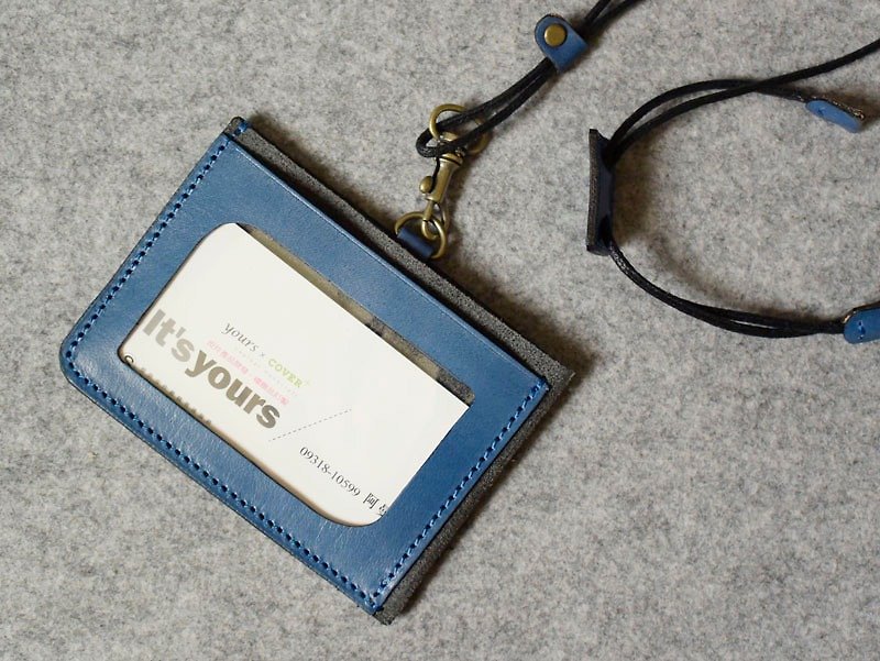 Three-pocket large-capacity ID folder blue + gray suede (including adjustable neck strap) - ที่ใส่บัตรคล้องคอ - หนังแท้ 