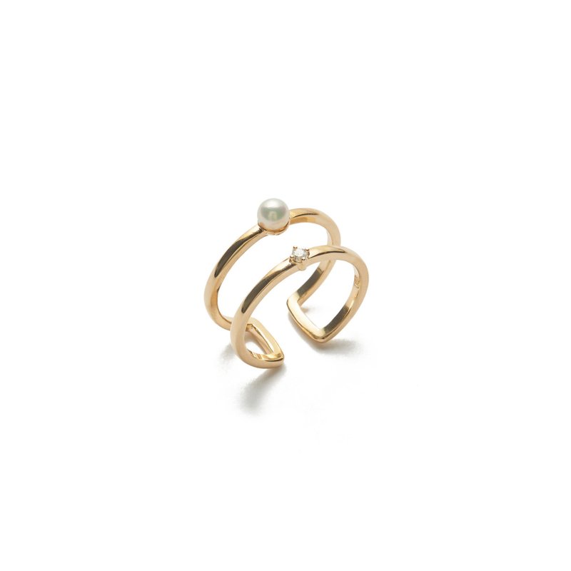 雙環珍珠戒指 925銀厚鍍18K金 Enring Pearl Ring - 戒指 - 珍珠 金色