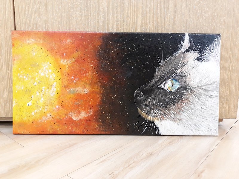 Cosmic cat, star, and sun original painting - โปสเตอร์ - สี สีส้ม