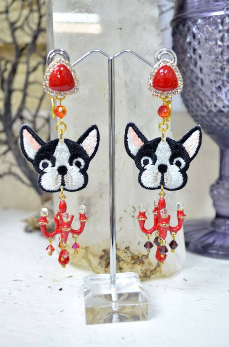 TIMBEE LO embroidered small French bucket red crystal lamp earrings for sale - Earrings & Clip-ons - Other Metals Red