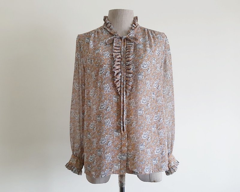 Medium Vintage Brown Floral Sheer Ruffle Collar Blouse Womens Long Sleeve Top M - 女上衣/長袖上衣 - 聚酯纖維 咖啡色