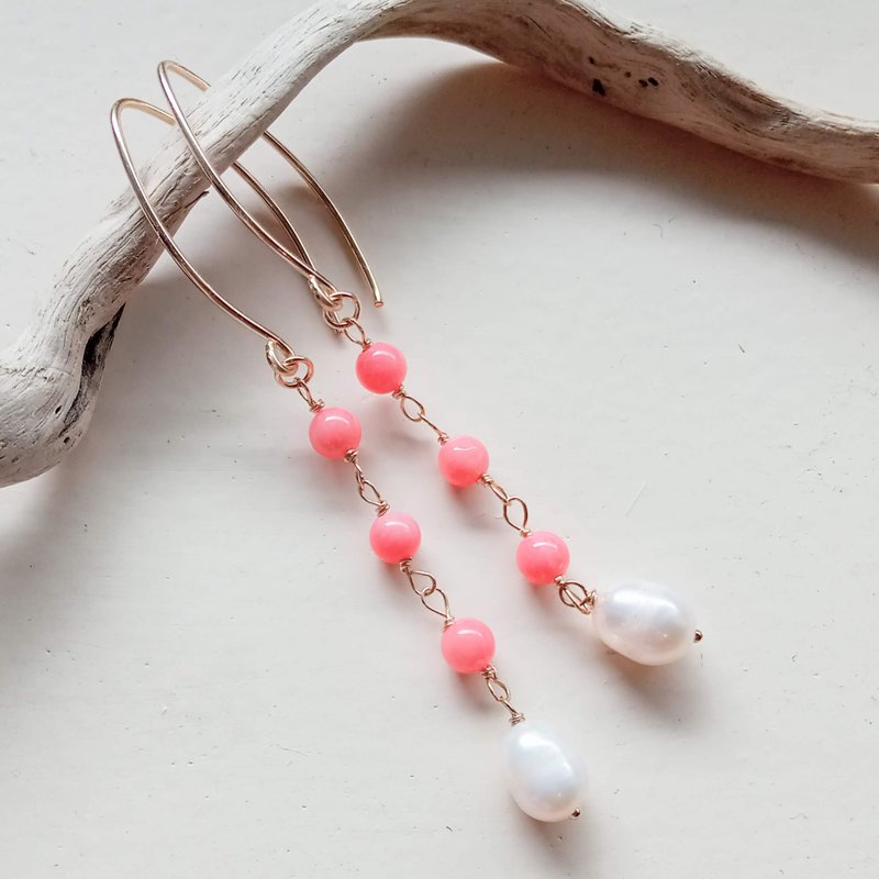 [14KGF] Coral and freshwater pearl long hook earrings - Earrings & Clip-ons - Semi-Precious Stones Pink