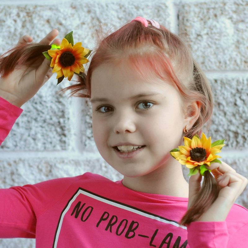 Hair ties with Sunflowers flowers. Floral hair accessories.  Hair ornaments kids - 髮夾/髮飾 - 其他材質 黃色