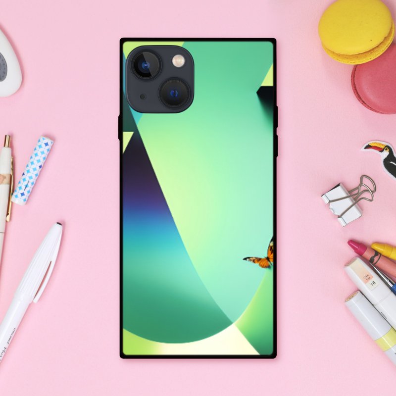 A square smartphone case with a beautiful pastel mint green design that evokes nature, butterflies and curves [tempered glass finish] for iPhone 15 - Phone Cases - Plastic Multicolor