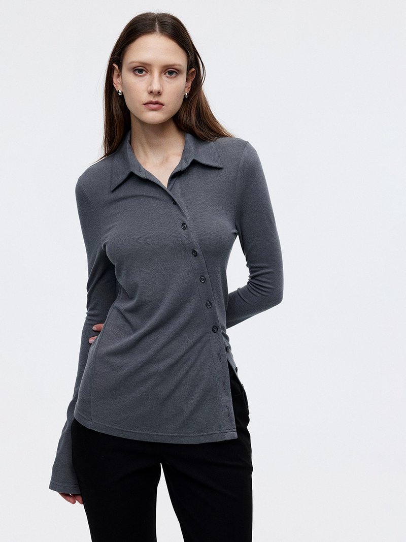 Grey wool modal asymmetric hem mid-length top with slim fit and slim sleeves and slanted placket long sleeve knitwear - Women's Sweaters - Other Man-Made Fibers Gray