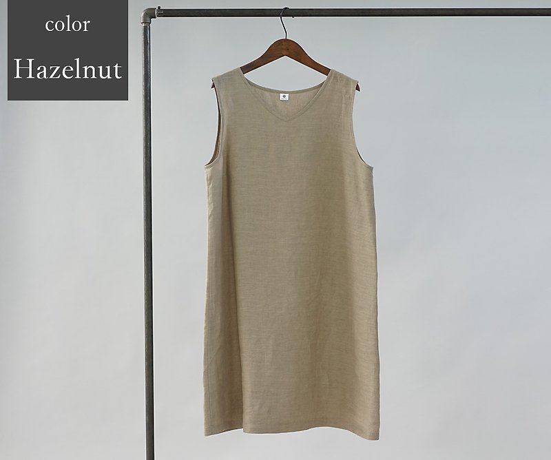 wafu - 純亞麻衬裙 Lightweight Linen V-neck Inner Dress / Hazelnut p006a-hbm1 - ชุดเดรส - ลินิน สีกากี