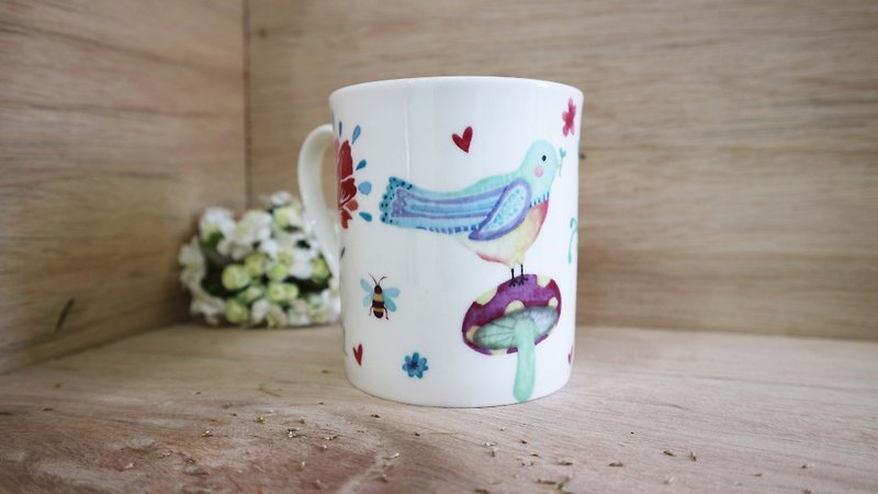 Bone china mug - healing birds cup / flowers / birds / mushrooms / microwave / through the SGS - Mugs - Porcelain White