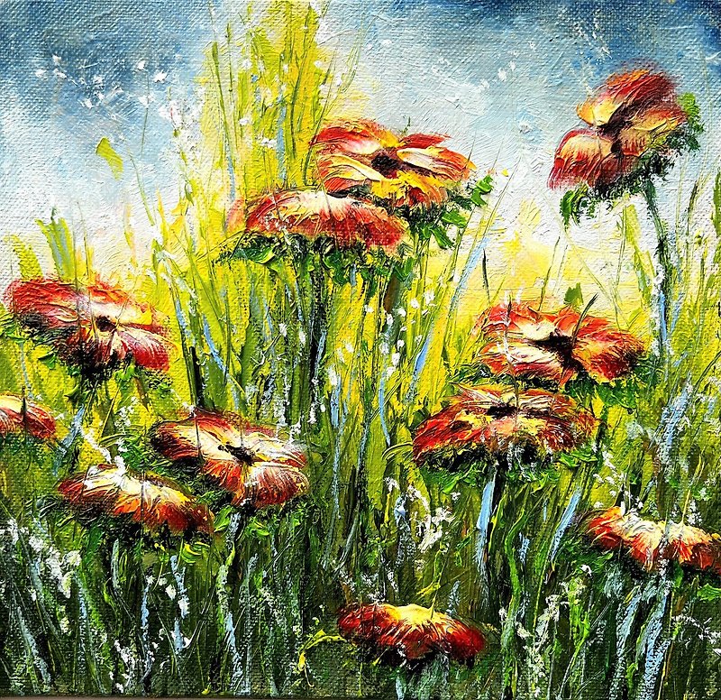 Daisies Painting Floral Original Artwork 20x20 cm/ 8x8inch by Oksana Stepanova - 海報/掛畫/掛布 - 棉．麻 多色