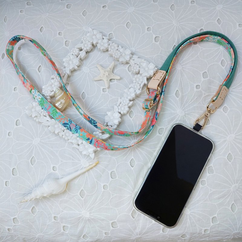 三合一多功能湖水綠熱帶風韓國棉布手機斜背繩/斜背帶/背繩/ - 掛繩/吊繩 - 棉．麻 綠色