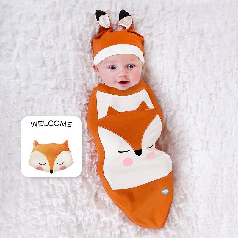 BABYjoe美國製純棉手工包巾彌月套組-瞇瞇眼狐狸寶寶 - 滿月禮物 - 棉．麻 橘色