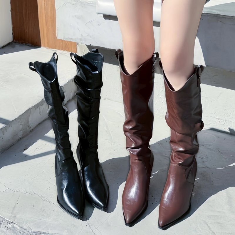 【I called Love】都會尖頭V筒皺褶細跟長靴 - 女長靴/高筒靴 - 人造皮革 黑色