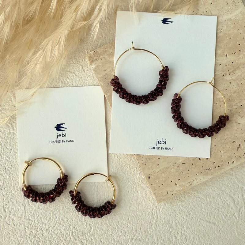 秋冬色澤 法式蝴蝶結玻璃珠寶石圈式耳環/耳夾 酒紅色 14KGF - 耳環/耳夾 - 玻璃 紫色