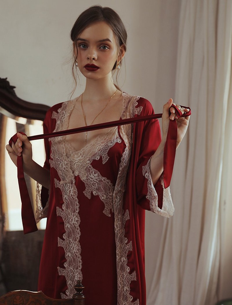 Red Night Sleep Dress Satin Lace - 睡衣/居家服 - 其他材質 