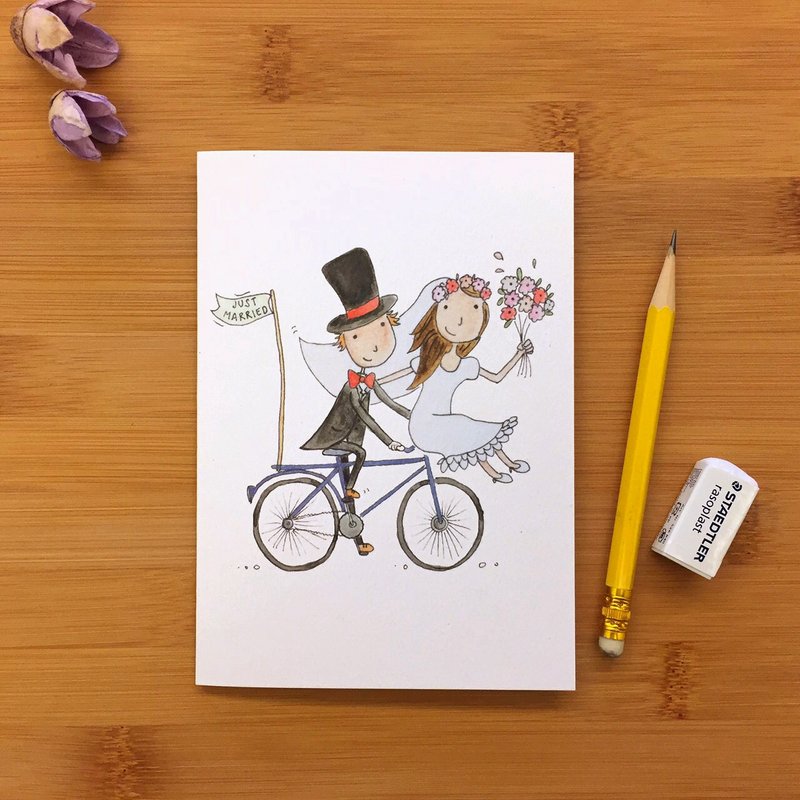 JUST MARRIED BIKE 腳踏車 新婚賀卡 萬用卡 手繪插畫 環保紙材 英國進口卡片 014 - 卡片/明信片 - 紙 多色