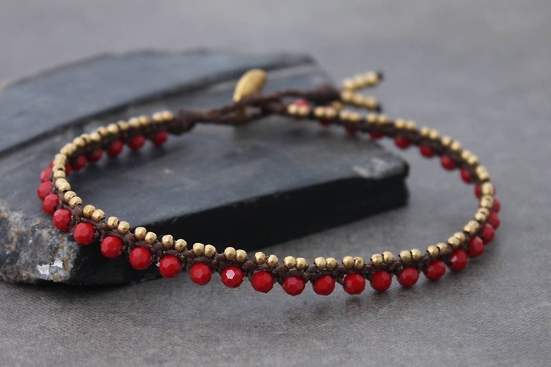 Beaded Anklets Red Crystal Woven Macrame Brass Lace Beadwork Ankle Jewelry - กำไลข้อเท้า - ทองแดงทองเหลือง สีแดง