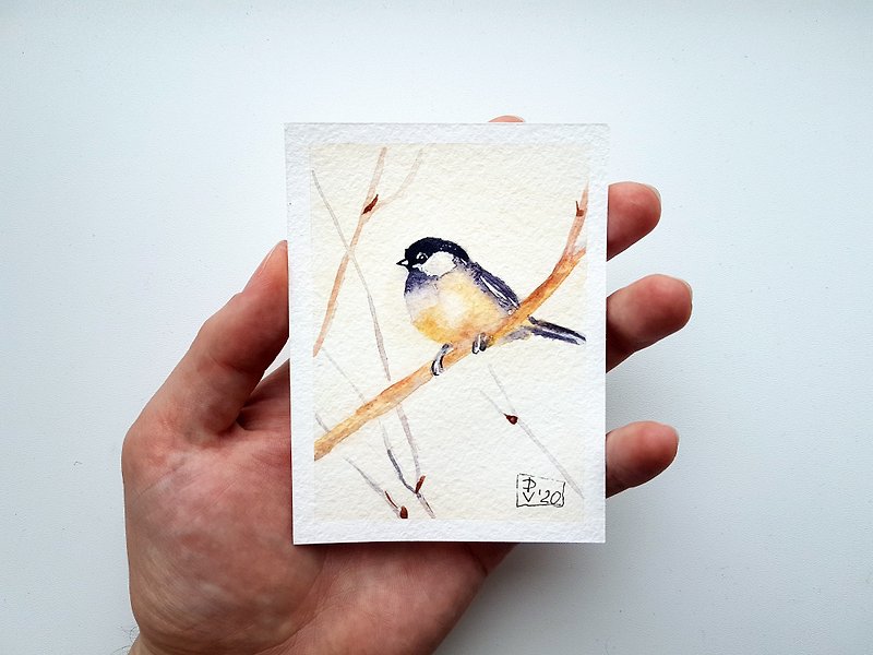 Chickadee Painting ACEO Original Art Bird Watercolor Small Artwork - ตกแต่งผนัง - กระดาษ หลากหลายสี