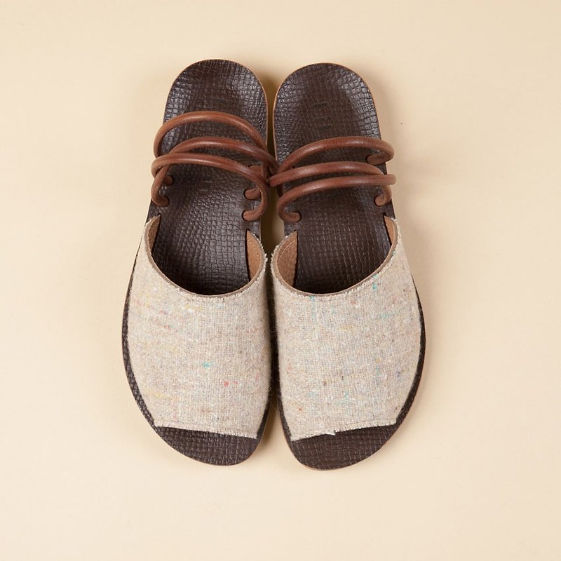 [Wen Qing Fan Er] Japanese Floral Leather Slow Sandals - Colorful Linen - รองเท้าอ็อกฟอร์ดผู้หญิง - หนังแท้ สีนำ้ตาล
