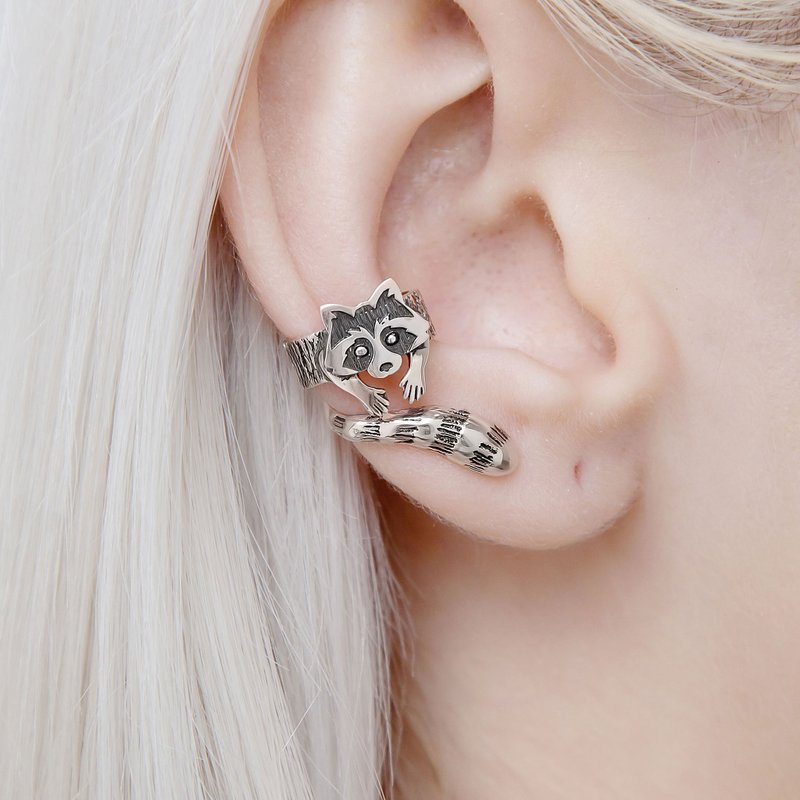 Raccoon ear cuff silver no piercing, raccoon earring - Earrings & Clip-ons - Sterling Silver Silver