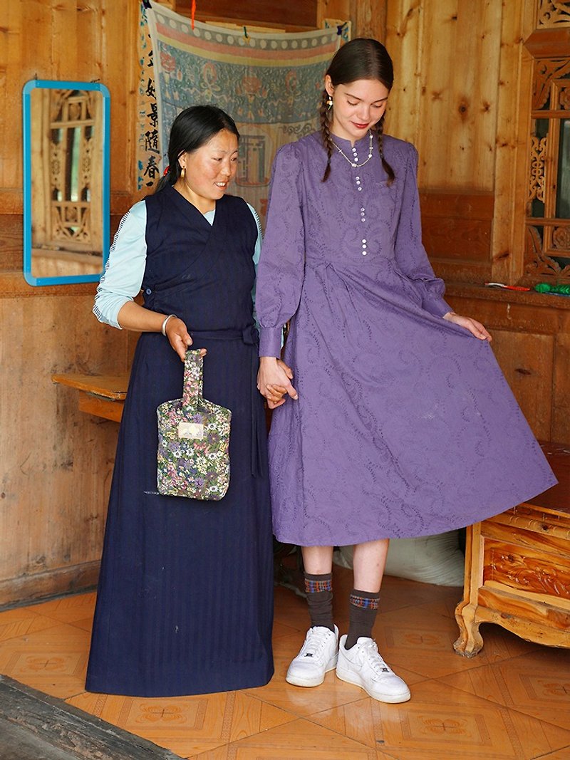 MintCheese classical embroidery purple dress - One Piece Dresses - Cotton & Hemp Purple