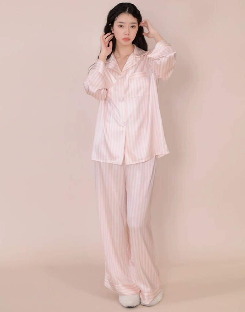 French retro striped silk pajamas and home wear set - ชุดนอน/ชุดอยู่บ้าน - ผ้าไหม 