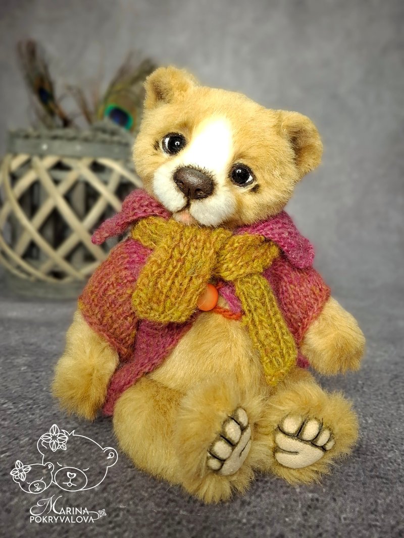 Plush teddy bear in clothes Handmade bear toy New year gift - Stuffed Dolls & Figurines - Other Materials Brown