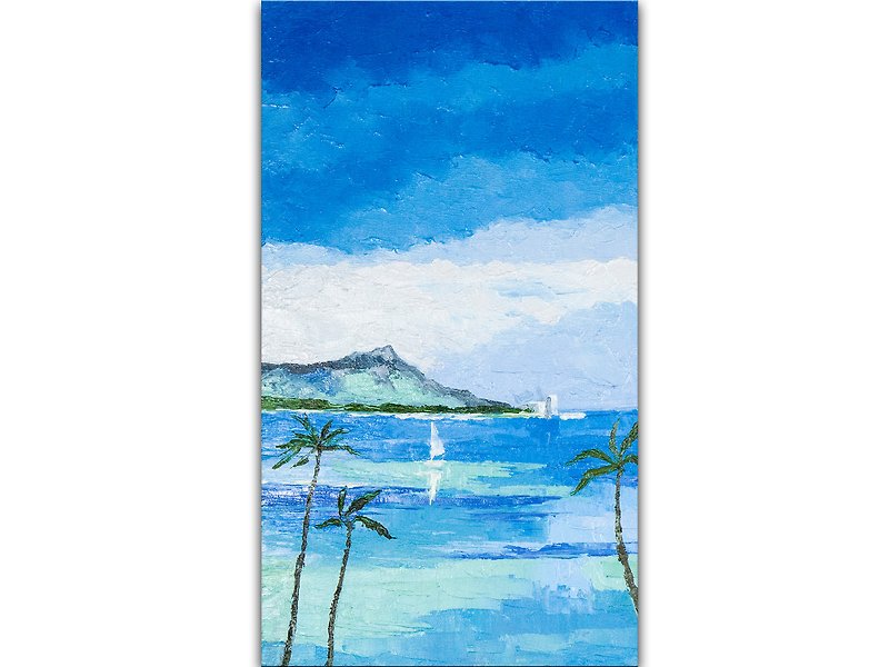 Hawaii Painting Waikiki Original Art Seascape Artwork Sailboat Oil Painting - โปสเตอร์ - วัสดุอื่นๆ สีน้ำเงิน