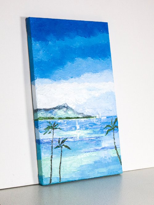 ハワイ絵画ワイキキオリジナルアート海景アートワークヨット油絵