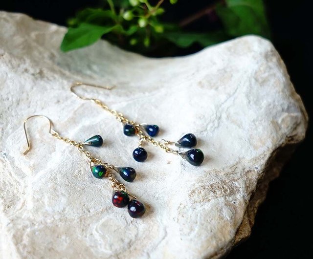 K18 black opal natural stone chandelier earrings or Clip-On
