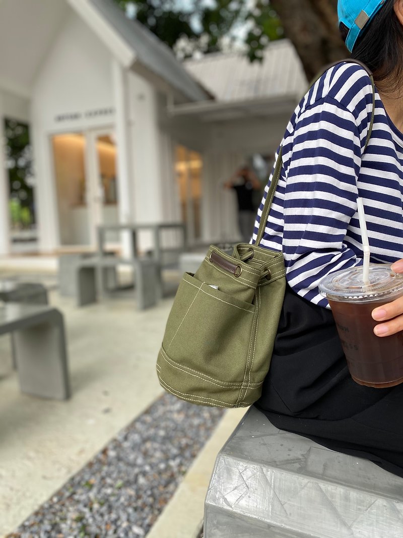 Mini Olive Canvas Bucket Bag with strap /Leather Handles /Daily use - 手袋/手提袋 - 棉．麻 綠色