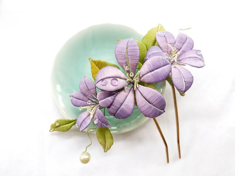 Elegant Purple Silk Flower Hairpin Handmade Head Unique Accessories - อื่นๆ - งานปัก สีม่วง