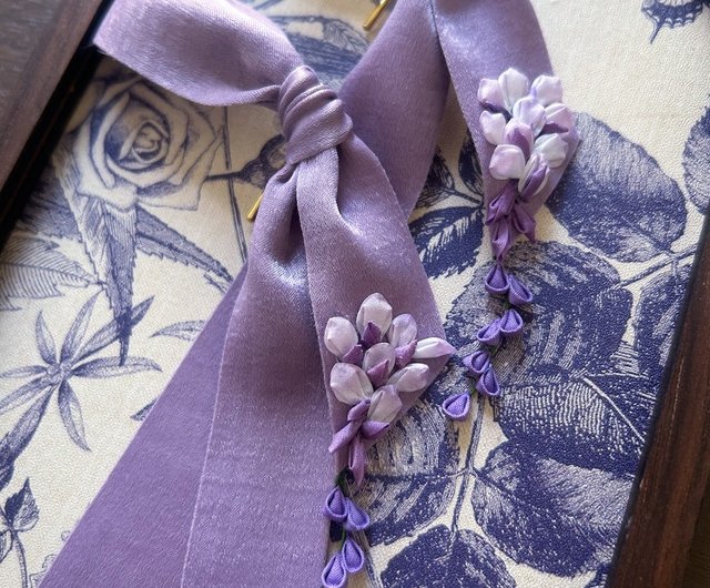 襟マフラー ベロアリボン「刺繍花柄」 藤 2024)和風布花リボンヘアポニーテールボタン刺繍つまみ