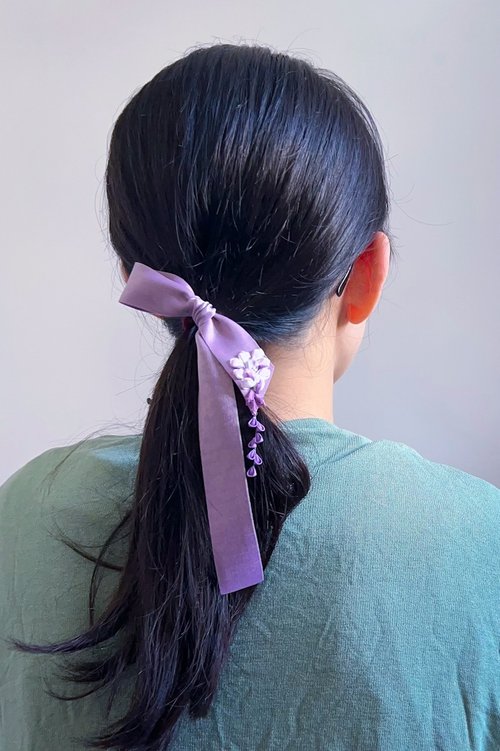 襟マフラー ベロアリボン「刺繍花柄」 藤 2024)和風布花リボンヘアポニーテールボタン刺繍つまみ