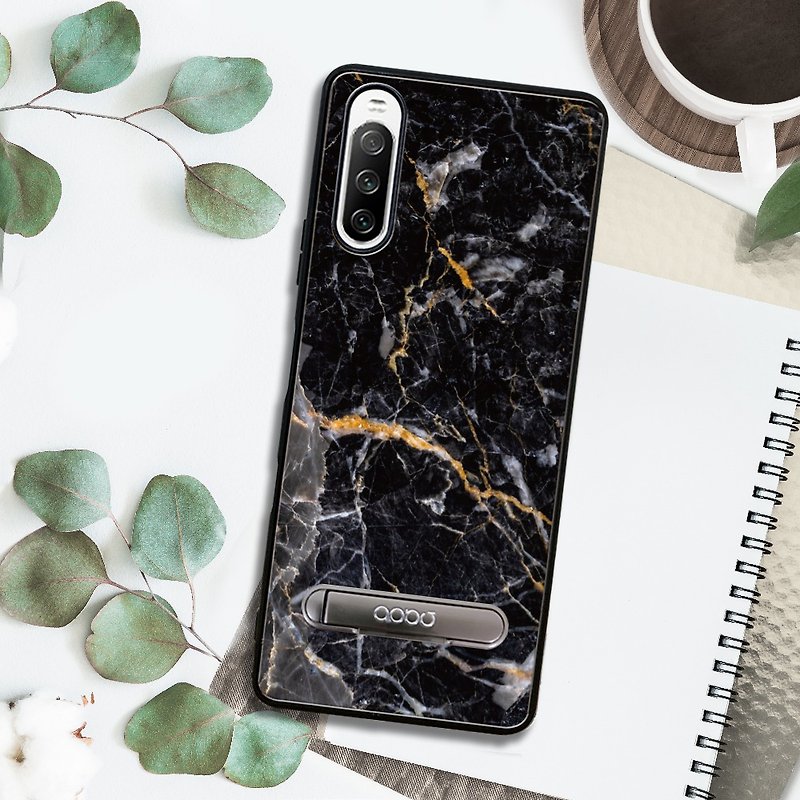 Sony Xperia 10 IV Shock Absorbing Stand Phone Case - Marble Dunhuang Black - Phone Cases - Other Materials Multicolor