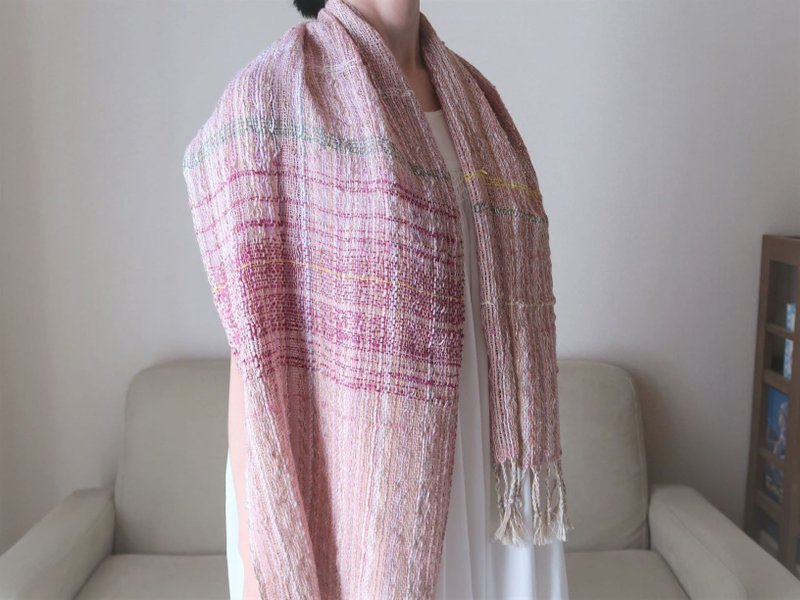 手織りストール　 コットンシルクリネン　春　タペストリー　ギフト　Shawl (M)15　入學   母親節　禮物　生日禮物 - 絲巾 - 棉．麻 粉紅色