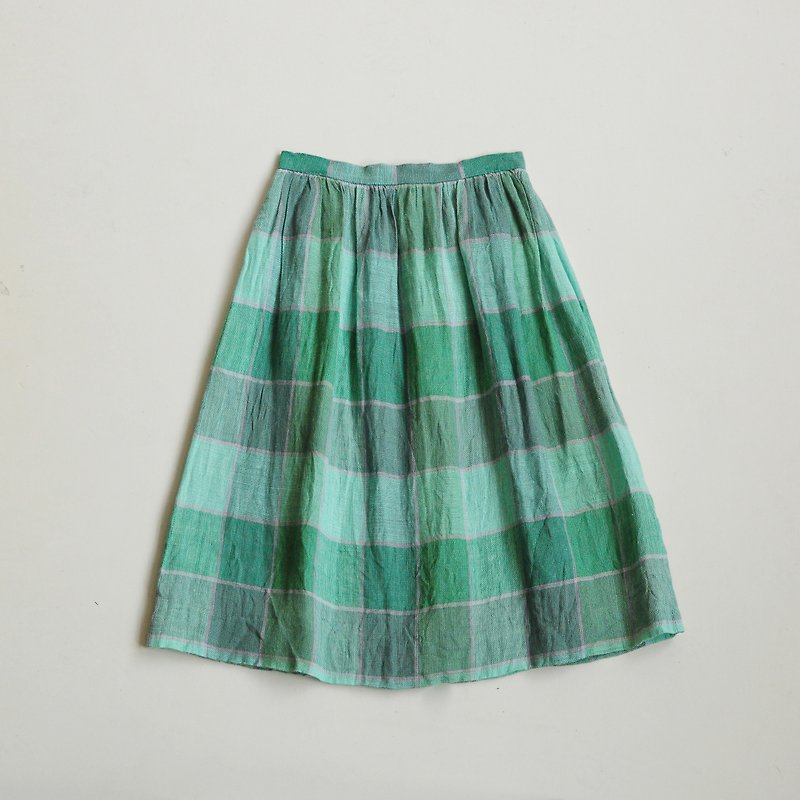 【Egg Plant Vintage】Summer Roaming Linen Checked Vintage Dress - Skirts - Cotton & Hemp Green