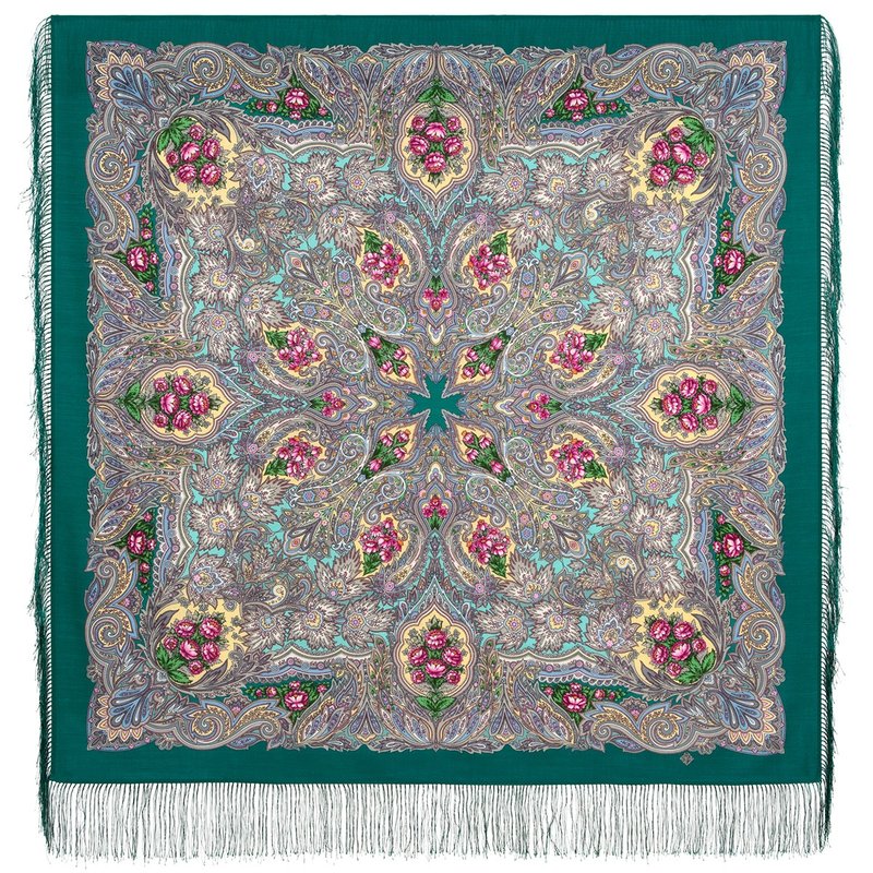 Pavlovo Posad Russian Shawl 100% Wool Scarf 125x125 cm Wrap Silk Fringe 2007-12 - 絲巾 - 羊毛 綠色