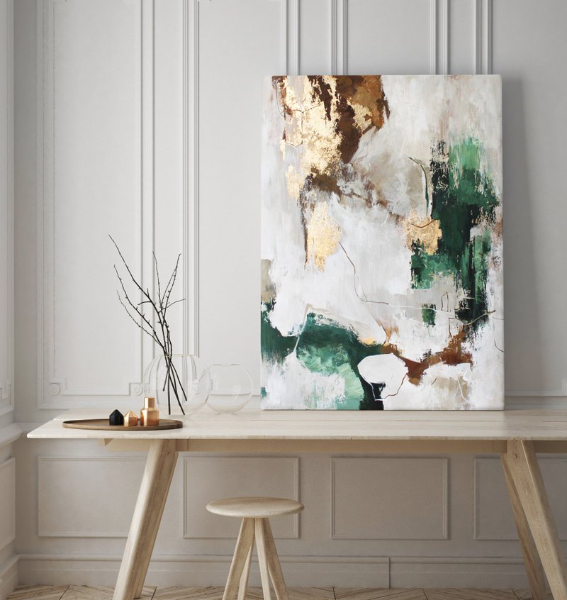 Green Gold Painting |  Green Gold Abstract | Green Wall Art | Green Flux - 壁貼/牆壁裝飾 - 棉．麻 綠色